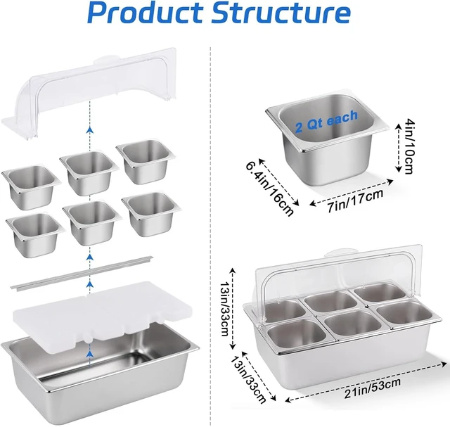 Alt view image 6 of 7 - 9.6 Quart Chilled Buffet Serving Set with 6 Removable Pans, Clear Roll Top Lid and Ice Packs, Portable No-Electric Cold Warm Food Tray, Stainless Steel Food Container for Party Picnic Catering BBQ