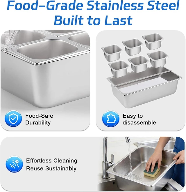 Alt view image 7 of 7 - 9.6 Quart Chilled Buffet Serving Set with 6 Removable Pans, Clear Roll Top Lid and Ice Packs, Portable No-Electric Cold Warm Food Tray, Stainless Steel Food Container for Party Picnic Catering BBQ