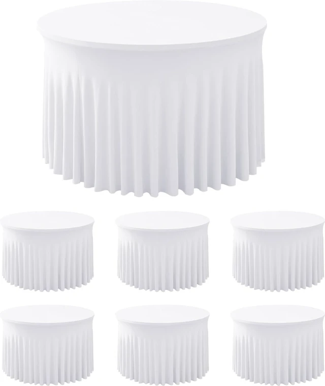 Main image of 6 Pack White Spandex Table Skirts, Wrinkle Resistant Fitted Floor Length Table Cover, Stretch Ruffled Tablecloth Decor for 60 Inch Round Tables, Reusable for Wedding Party Banquet Shower