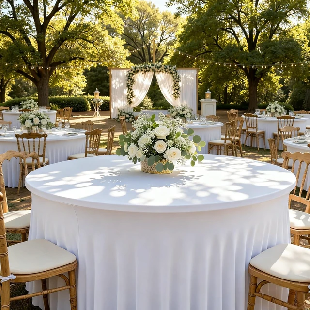 Alt view image 2 of 6 - 6 Pack White Spandex Table Skirts, Wrinkle Resistant Fitted Floor Length Table Cover, Stretch Ruffled Tablecloth Decor for 60 Inch Round Tables, Reusable for Wedding Party Banquet Shower