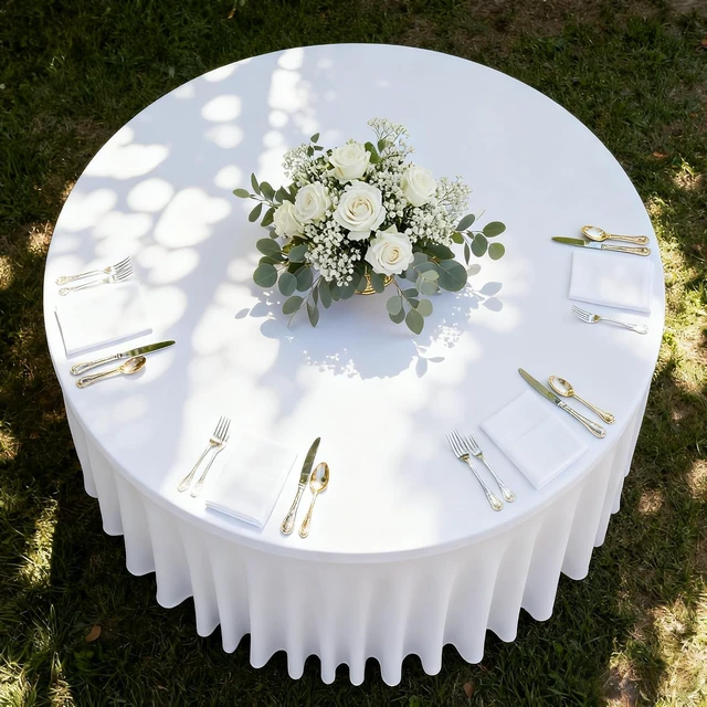 Alt view image 4 of 6 - 6 Pack White Spandex Table Skirts, Wrinkle Resistant Fitted Floor Length Table Cover, Stretch Ruffled Tablecloth Decor for 60 Inch Round Tables, Reusable for Wedding Party Banquet Shower