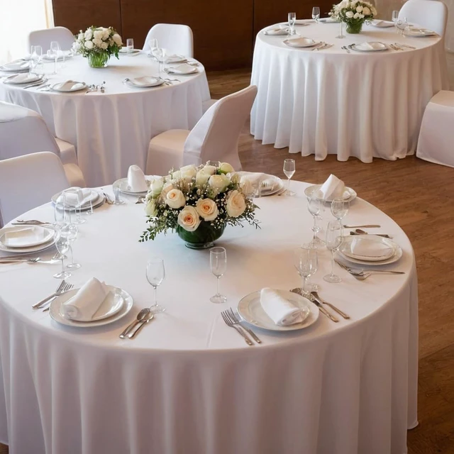 Alt view image 5 of 6 - 6 Pack White Spandex Table Skirts, Wrinkle Resistant Fitted Floor Length Table Cover, Stretch Ruffled Tablecloth Decor for 60 Inch Round Tables, Reusable for Wedding Party Banquet Shower