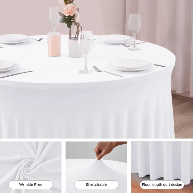 Alt view image 6 of 6 - 6 Pack White Spandex Table Skirts, Wrinkle Resistant Fitted Floor Length Table Cover, Stretch Ruffled Tablecloth Decor for 60 Inch Round Tables, Reusable for Wedding Party Banquet Shower