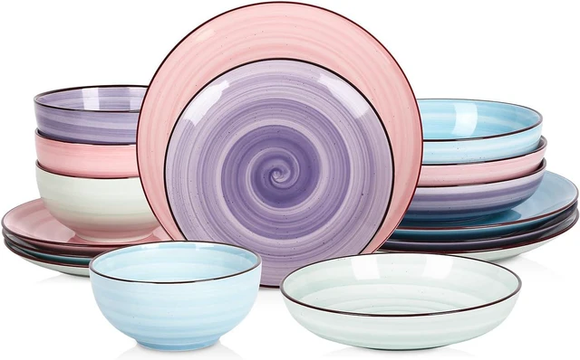 Main image of 16 Piece Gradient Ceramic Dinnerware Set for 4, Black Dot Swirl Tableware, Stackable Microwave Dishwasher Safe Plates and Bowls Set for Kitchen Dining