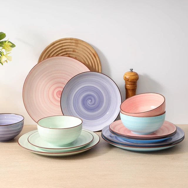 Alt view image 3 of 7 - 16 Piece Gradient Ceramic Dinnerware Set for 4, Black Dot Swirl Tableware, Stackable Microwave Dishwasher Safe Plates and Bowls Set for Kitchen Dining