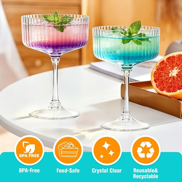 Alt view image 5 of 7 - 100 Pack 10oz Disposable Plastic Martini Glasses, Shatterproof BPA-Free Ribbed Cocktail Glasses, Detachable Stackable Reusable Drink Cups for Party Wedding Banquet Outdoor Entertaining