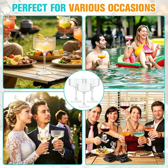 Alt view image 7 of 7 - 100 Pack 10oz Disposable Plastic Martini Glasses, Shatterproof BPA-Free Ribbed Cocktail Glasses, Detachable Stackable Reusable Drink Cups for Party Wedding Banquet Outdoor Entertaining