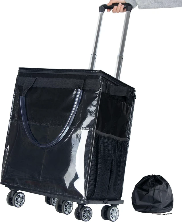 Main image of 54L Foldable Rolling Grocery Tote Bag with Wheels, Water Resistant Portable Shopping Cart with Detachable Drawstring Pouch, Heavy Duty Reusable Storage Bag for Grocery Travel Laundry Shopping
