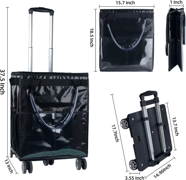 Alt view image 3 of 6 - 54L Foldable Rolling Grocery Tote Bag with Wheels, Water Resistant Portable Shopping Cart with Detachable Drawstring Pouch, Heavy Duty Reusable Storage Bag for Grocery Travel Laundry Shopping