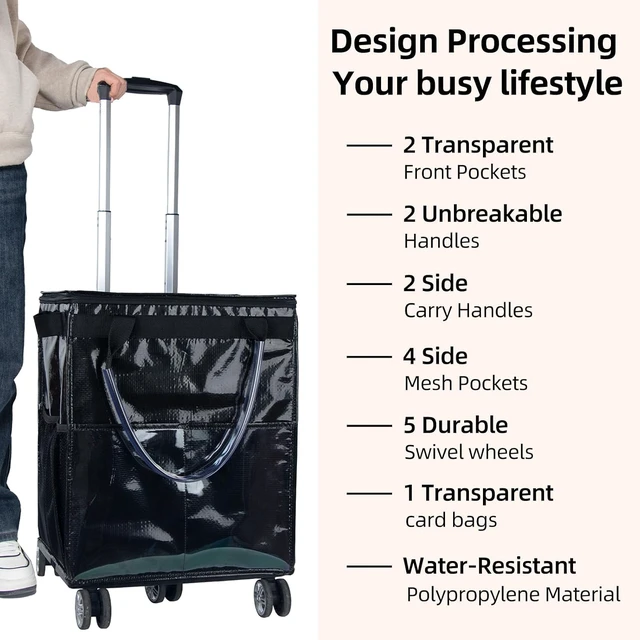 Alt view image 4 of 6 - 54L Foldable Rolling Grocery Tote Bag with Wheels, Water Resistant Portable Shopping Cart with Detachable Drawstring Pouch, Heavy Duty Reusable Storage Bag for Grocery Travel Laundry Shopping