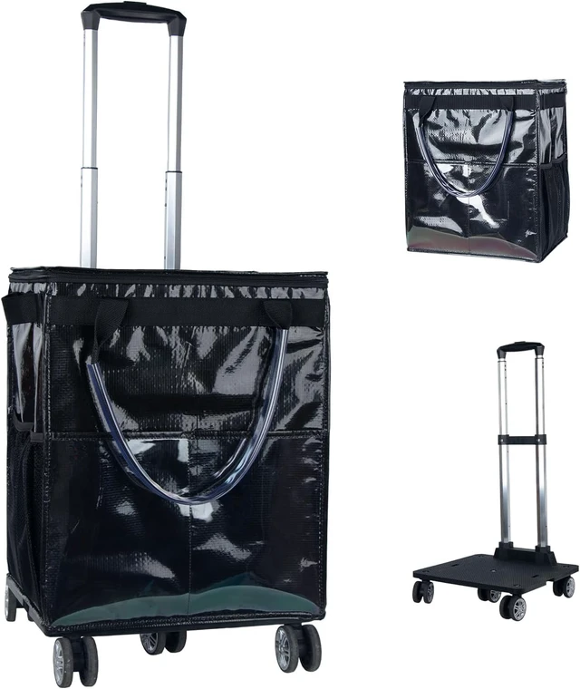 Alt view image 2 of 6 - 54L Foldable Rolling Grocery Tote Bag with Wheels, Water Resistant Portable Shopping Cart with Detachable Drawstring Pouch, Heavy Duty Reusable Storage Bag for Grocery Travel Laundry Shopping