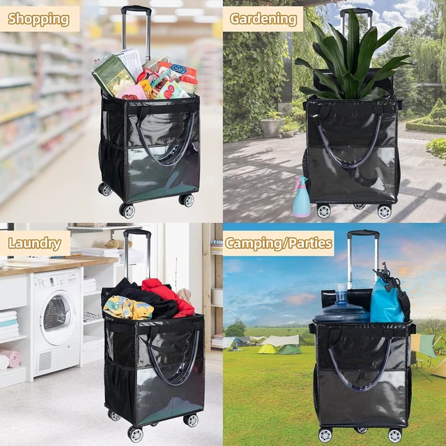 Alt view image 6 of 6 - 54L Foldable Rolling Grocery Tote Bag with Wheels, Water Resistant Portable Shopping Cart with Detachable Drawstring Pouch, Heavy Duty Reusable Storage Bag for Grocery Travel Laundry Shopping