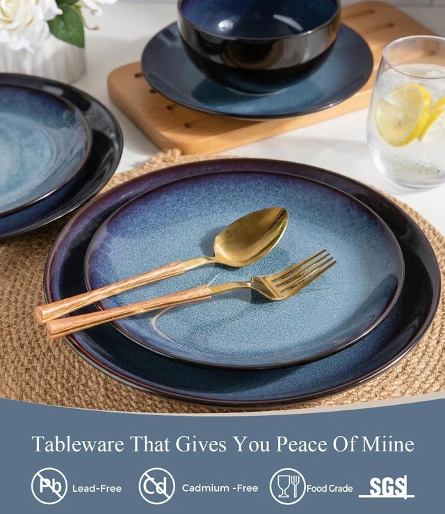 Alt view image 2 of 7 - 18 Piece Reactive Glaze Porcelain Dinnerware Set for 6, Unique Scratch Resistant Plates and Bowls Set, High Temperature Fired Ceramic Tableware, Oven Safe Modern Home Dining Set