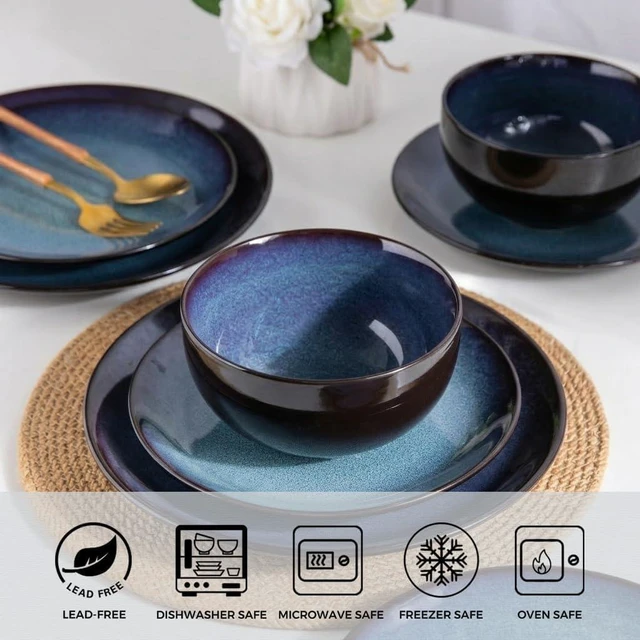 Alt view image 3 of 7 - 18 Piece Reactive Glaze Porcelain Dinnerware Set for 6, Unique Scratch Resistant Plates and Bowls Set, High Temperature Fired Ceramic Tableware, Oven Safe Modern Home Dining Set