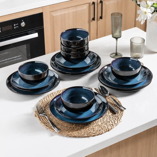 Alt view image 4 of 7 - 18 Piece Reactive Glaze Porcelain Dinnerware Set for 6, Unique Scratch Resistant Plates and Bowls Set, High Temperature Fired Ceramic Tableware, Oven Safe Modern Home Dining Set