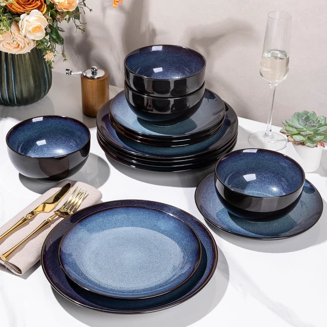Alt view image 5 of 7 - 18 Piece Reactive Glaze Porcelain Dinnerware Set for 6, Unique Scratch Resistant Plates and Bowls Set, High Temperature Fired Ceramic Tableware, Oven Safe Modern Home Dining Set
