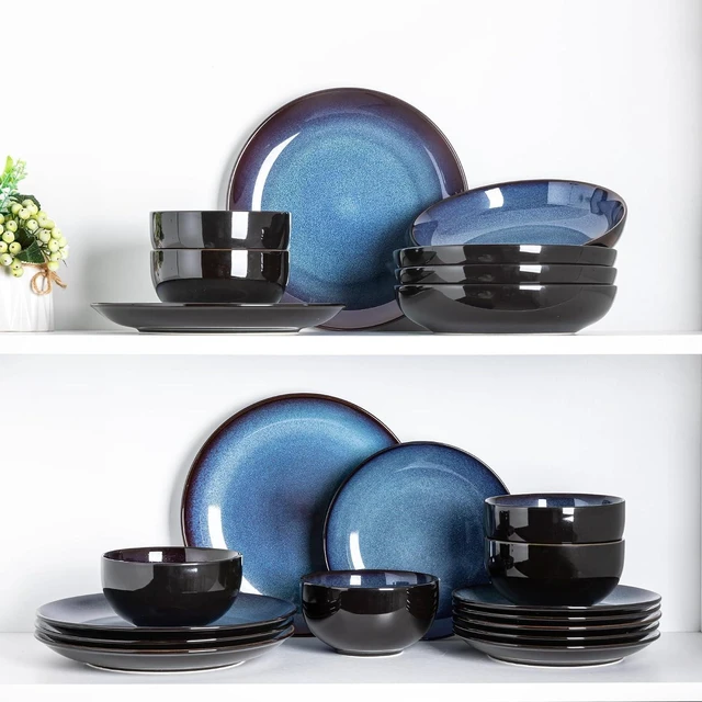 Alt view image 6 of 7 - 18 Piece Reactive Glaze Porcelain Dinnerware Set for 6, Unique Scratch Resistant Plates and Bowls Set, High Temperature Fired Ceramic Tableware, Oven Safe Modern Home Dining Set