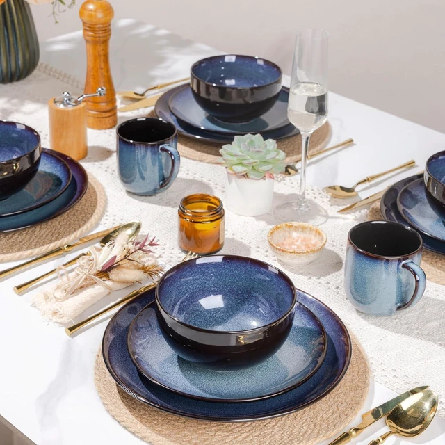 Alt view image 7 of 7 - 18 Piece Reactive Glaze Porcelain Dinnerware Set for 6, Unique Scratch Resistant Plates and Bowls Set, High Temperature Fired Ceramic Tableware, Oven Safe Modern Home Dining Set