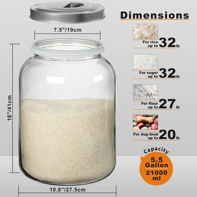 Alt view image 6 of 6 - 5.5 Gallon Large Glass Storage Jar with Lid, 7.5 Inch Super Wide Mouth Heavy Duty Glass Canister, 21000ml Food Grade Transparent Container for Flour Rice Dog Food Pantry Kitchen Storage