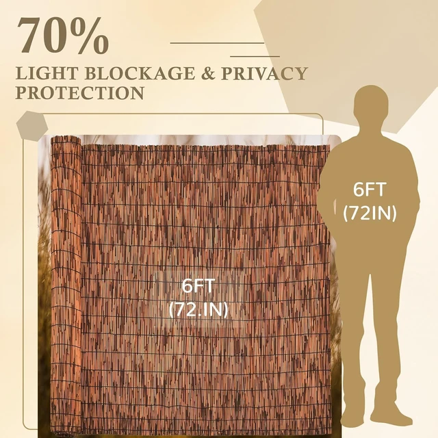 Alt view image 2 of 7 - 6FT x 16.4FT Natural Reed Fencing Roll, Brown Bamboo Privacy Fence Screen, UV Protection Wind Blocking Sun Shade Cover, Heat Insulation Woven Barrier for Patio Balcony Yard Garden Wall Decor