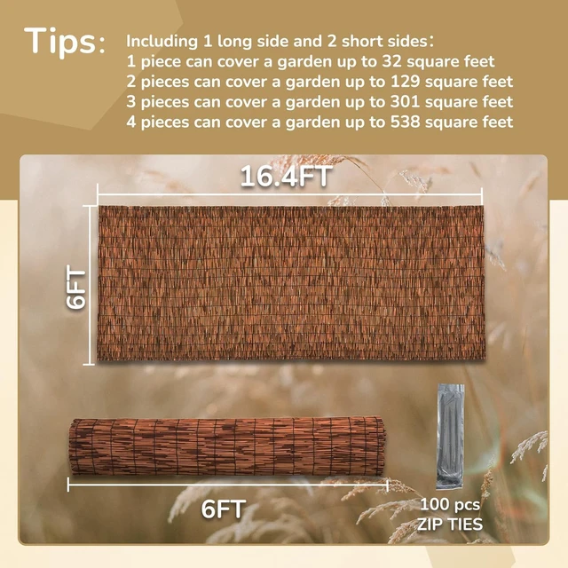 Alt view image 3 of 7 - 6FT x 16.4FT Natural Reed Fencing Roll, Brown Bamboo Privacy Fence Screen, UV Protection Wind Blocking Sun Shade Cover, Heat Insulation Woven Barrier for Patio Balcony Yard Garden Wall Decor