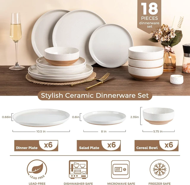 Alt view image 2 of 7 - 18 Piece Ceramic Dinnerware Set for 6, High Temperature Fired Speckled Glaze Plates and Bowls Set, Chip & Scratch Resistant Dishwasher Microwave Safe Modern Wavy Rim Tableware