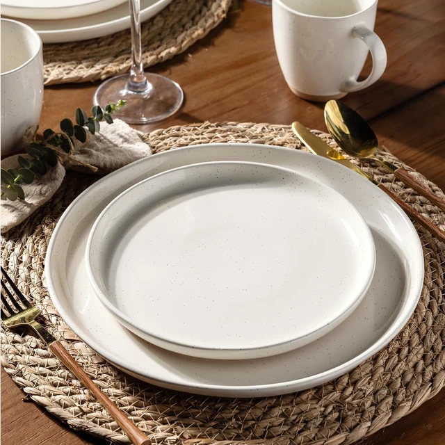 Alt view image 3 of 7 - 18 Piece Ceramic Dinnerware Set for 6, High Temperature Fired Speckled Glaze Plates and Bowls Set, Chip & Scratch Resistant Dishwasher Microwave Safe Modern Wavy Rim Tableware