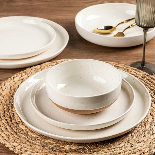 Alt view image 4 of 7 - 18 Piece Ceramic Dinnerware Set for 6, High Temperature Fired Speckled Glaze Plates and Bowls Set, Chip & Scratch Resistant Dishwasher Microwave Safe Modern Wavy Rim Tableware