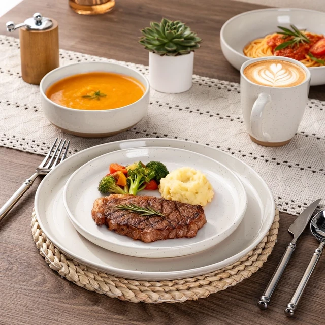 Alt view image 5 of 7 - 18 Piece Ceramic Dinnerware Set for 6, High Temperature Fired Speckled Glaze Plates and Bowls Set, Chip & Scratch Resistant Dishwasher Microwave Safe Modern Wavy Rim Tableware