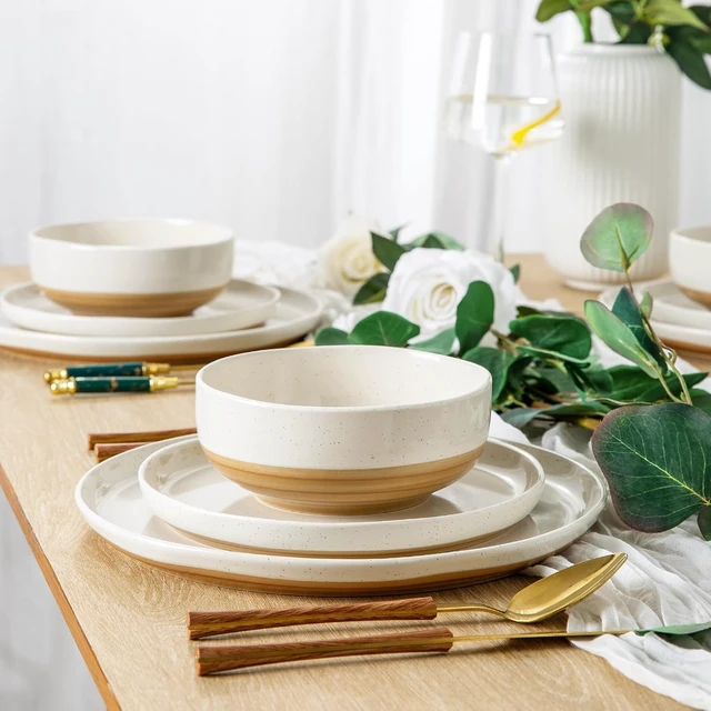 Alt view image 7 of 7 - 18 Piece Ceramic Dinnerware Set for 6, High Temperature Fired Speckled Glaze Plates and Bowls Set, Chip & Scratch Resistant Dishwasher Microwave Safe Modern Wavy Rim Tableware