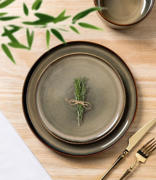 Alt view image 2 of 7 - 18 Piece Ceramic Dinnerware Set for 6, Double Reactive Glaze Plates and Bowls Set, High Temperature Fired Heat Resistant Tableware, Microwave Dishwasher Oven Safe Stackable Kitchen Dining Set