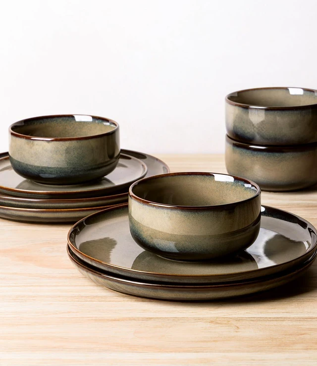 Alt view image 4 of 7 - 18 Piece Ceramic Dinnerware Set for 6, Double Reactive Glaze Plates and Bowls Set, High Temperature Fired Heat Resistant Tableware, Microwave Dishwasher Oven Safe Stackable Kitchen Dining Set