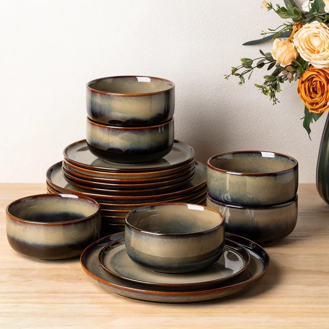 Main image of 18 Piece Ceramic Dinnerware Set for 6, Double Reactive Glaze Plates and Bowls Set, High Temperature Fired Heat Resistant Tableware, Microwave Dishwasher Oven Safe Stackable Kitchen Dining Set