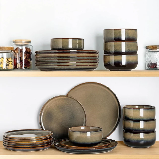 Alt view image 6 of 7 - 18 Piece Ceramic Dinnerware Set for 6, Double Reactive Glaze Plates and Bowls Set, High Temperature Fired Heat Resistant Tableware, Microwave Dishwasher Oven Safe Stackable Kitchen Dining Set