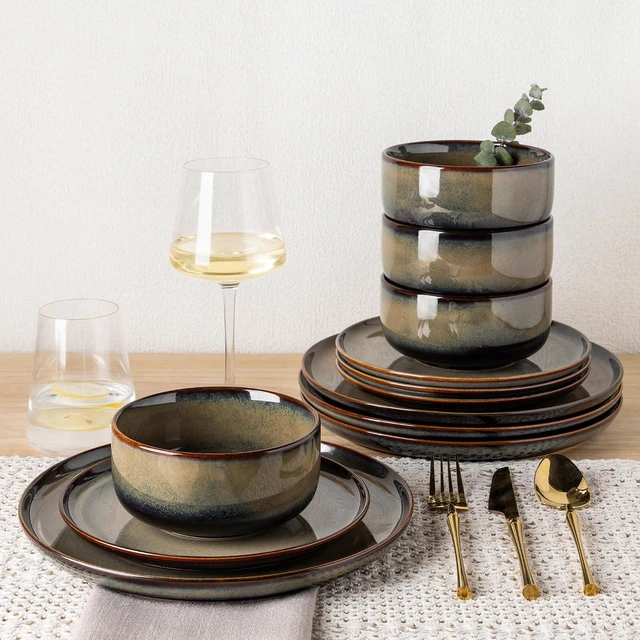 Alt view image 7 of 7 - 18 Piece Ceramic Dinnerware Set for 6, Double Reactive Glaze Plates and Bowls Set, High Temperature Fired Heat Resistant Tableware, Microwave Dishwasher Oven Safe Stackable Kitchen Dining Set