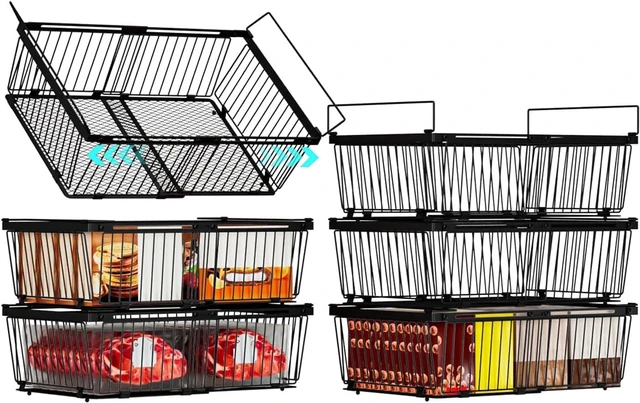 Main image of 6 Pack Expandable Freezer Organizer Bins, Stackable Reinforced Metal Storage Baskets with Leak-Proof Mesh Bottom, Adjustable Storage Bins for 10-20 Cu.Ft Freezer Cabinet Bathroom