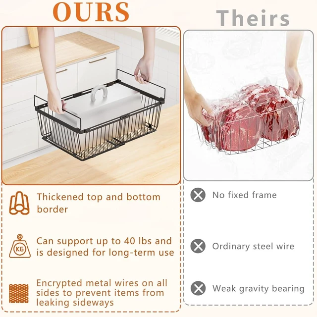 Alt view image 3 of 7 - 6 Pack Expandable Freezer Organizer Bins, Stackable Reinforced Metal Storage Baskets with Leak-Proof Mesh Bottom, Adjustable Storage Bins for 10-20 Cu.Ft Freezer Cabinet Bathroom