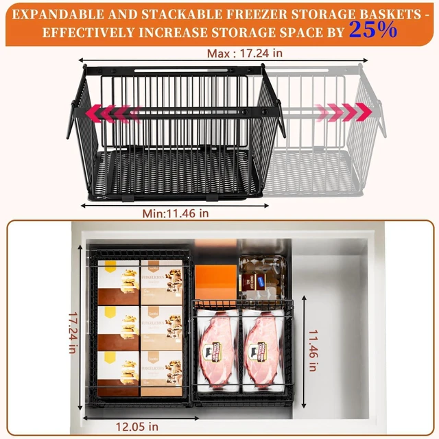 Alt view image 5 of 7 - 6 Pack Expandable Freezer Organizer Bins, Stackable Reinforced Metal Storage Baskets with Leak-Proof Mesh Bottom, Adjustable Storage Bins for 10-20 Cu.Ft Freezer Cabinet Bathroom