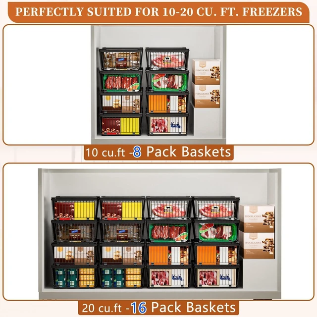 Alt view image 4 of 7 - 6 Pack Expandable Freezer Organizer Bins, Stackable Reinforced Metal Storage Baskets with Leak-Proof Mesh Bottom, Adjustable Storage Bins for 10-20 Cu.Ft Freezer Cabinet Bathroom