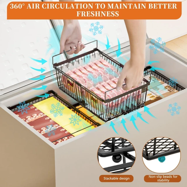 Alt view image 6 of 7 - 6 Pack Expandable Freezer Organizer Bins, Stackable Reinforced Metal Storage Baskets with Leak-Proof Mesh Bottom, Adjustable Storage Bins for 10-20 Cu.Ft Freezer Cabinet Bathroom