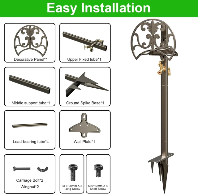 Alt view image 5 of 7 - Heavy Duty Freestanding Garden Hose Stand with Brass Faucet, Weather Resistant Metal Hose Holder, Detachable Decorative Hose Storage Rack Holds 150FT Hose for Patio Lawn Yard Outdoor