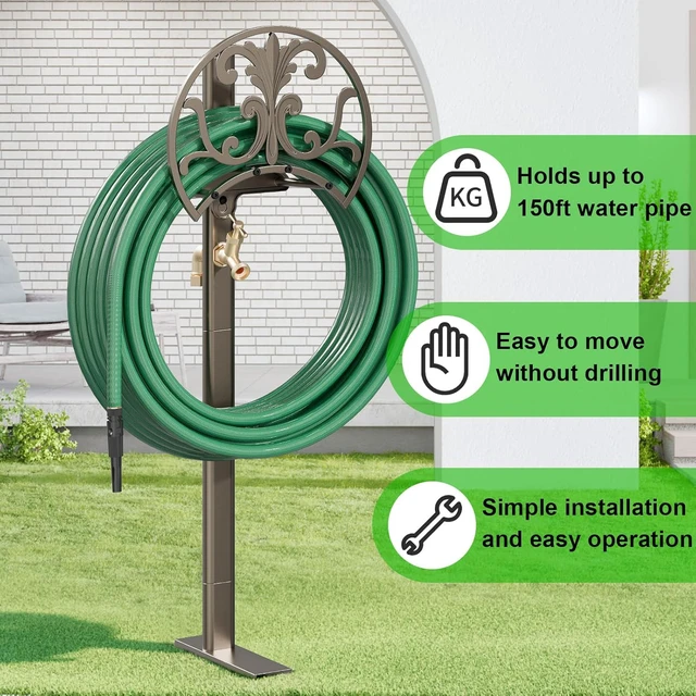 Alt view image 6 of 7 - Heavy Duty Freestanding Garden Hose Stand with Brass Faucet, Weather Resistant Metal Hose Holder, Detachable Decorative Hose Storage Rack Holds 150FT Hose for Patio Lawn Yard Outdoor