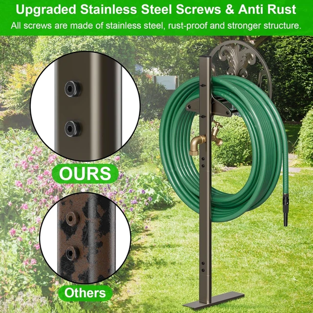 Alt view image 4 of 7 - Heavy Duty Freestanding Garden Hose Stand with Brass Faucet, Weather Resistant Metal Hose Holder, Detachable Decorative Hose Storage Rack Holds 150FT Hose for Patio Lawn Yard Outdoor