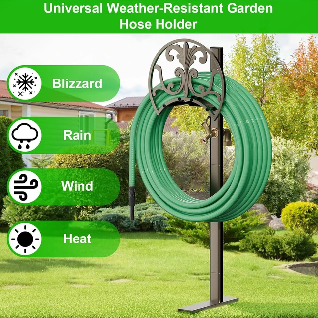Alt view image 7 of 7 - Heavy Duty Freestanding Garden Hose Stand with Brass Faucet, Weather Resistant Metal Hose Holder, Detachable Decorative Hose Storage Rack Holds 150FT Hose for Patio Lawn Yard Outdoor