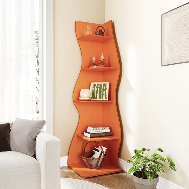Alt view image 5 of 7 - 5-Tier Small Corner Wall Bookshelf, Adjustable Shelves Modern Storage Rack, Space-Saving Bookcase for Living Room Bedroom Small Spaces