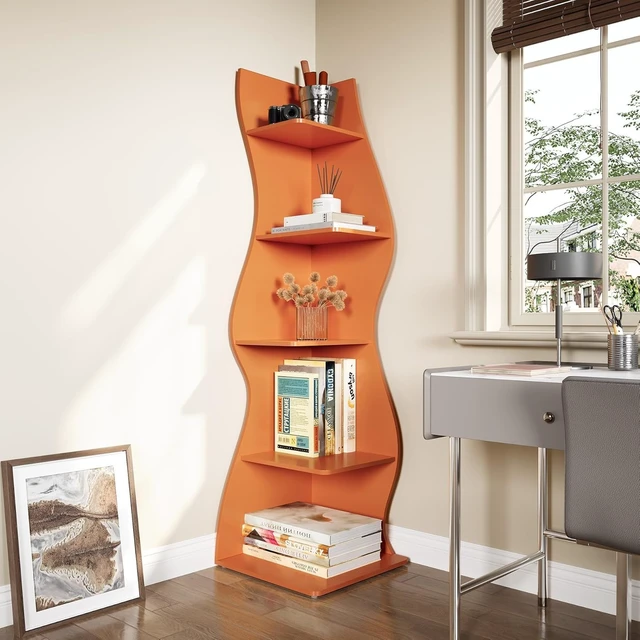 Alt view image 4 of 7 - 5-Tier Small Corner Wall Bookshelf, Adjustable Shelves Modern Storage Rack, Space-Saving Bookcase for Living Room Bedroom Small Spaces