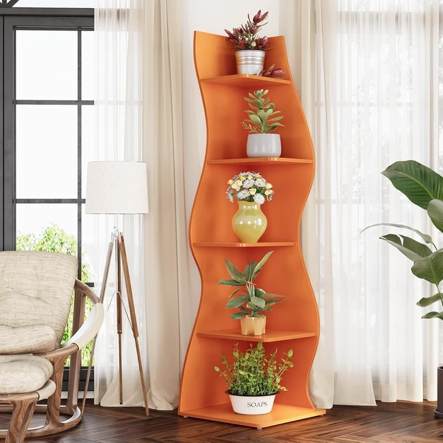 Alt view image 6 of 7 - 5-Tier Small Corner Wall Bookshelf, Adjustable Shelves Modern Storage Rack, Space-Saving Bookcase for Living Room Bedroom Small Spaces