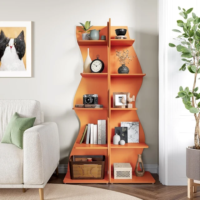 Alt view image 2 of 7 - 5-Tier Small Corner Wall Bookshelf, Adjustable Shelves Modern Storage Rack, Space-Saving Bookcase for Living Room Bedroom Small Spaces