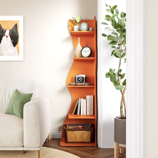 Alt view image 7 of 7 - 5-Tier Small Corner Wall Bookshelf, Adjustable Shelves Modern Storage Rack, Space-Saving Bookcase for Living Room Bedroom Small Spaces