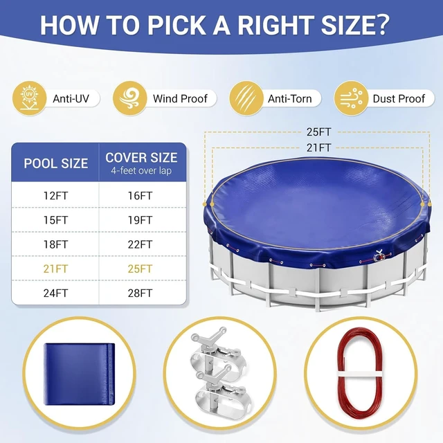 Alt view image 6 of 6 - 21 FT Round Winter Pool Cover for Above Ground Pools, Ultra Thick UV & Cold Resistant (Down to -10°F), Durable Above-Ground Pool Cover with Steel-Core Cable